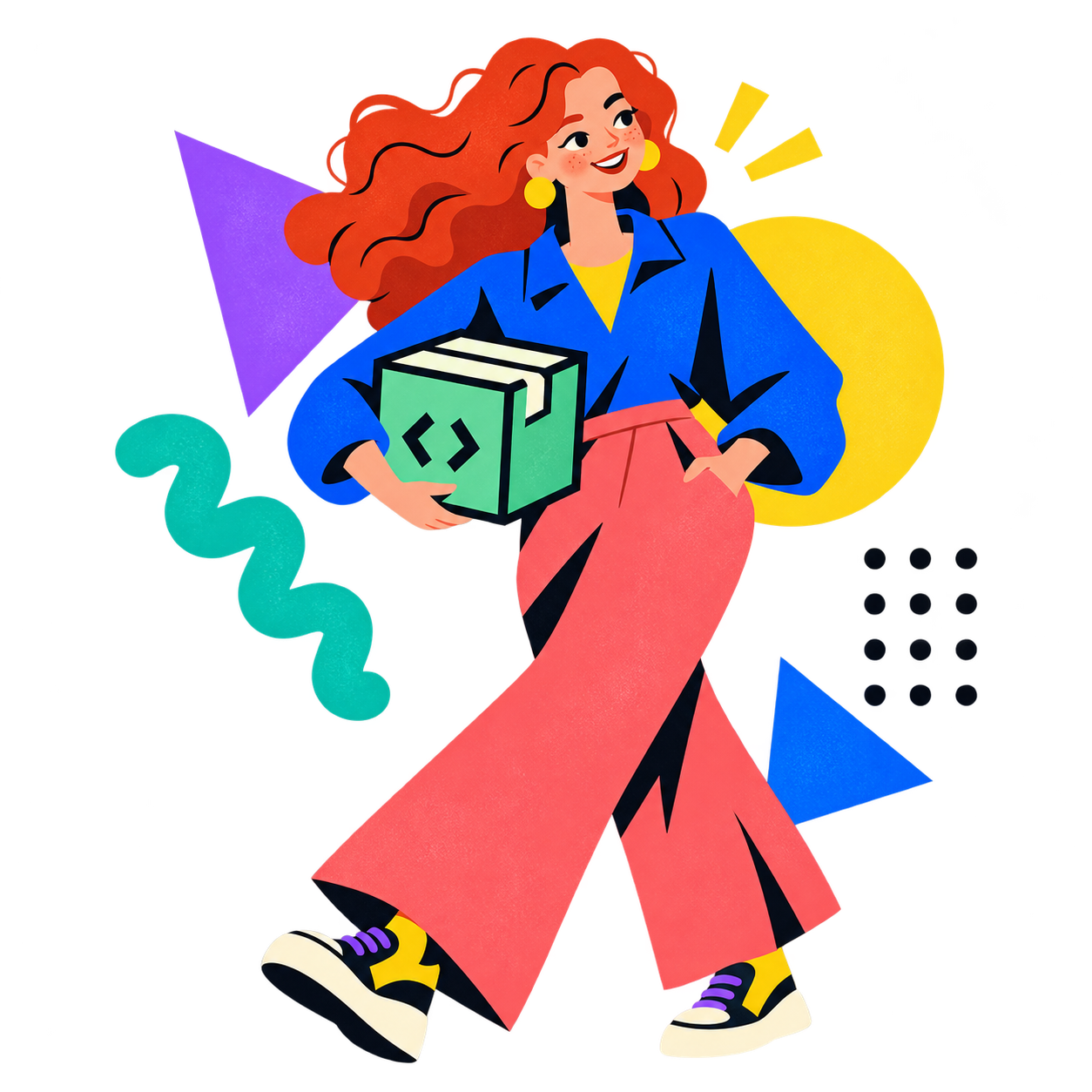 A playful illustration representing Lynn Cole: a smiling red-haired woman in bright clothing carrying a green project box.