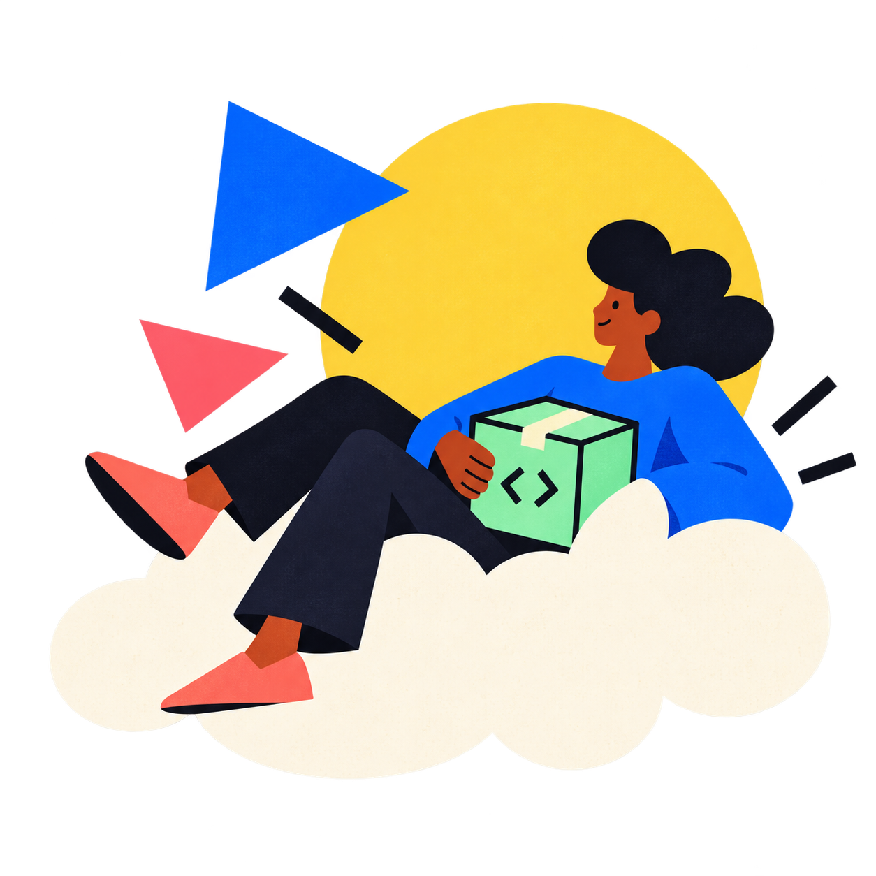 A person relaxes on a friendly cloud with their green project box.