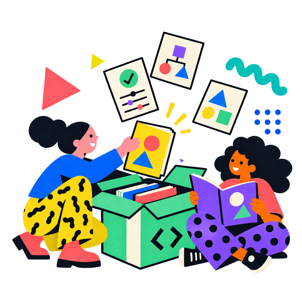 Two people unpack colorful guides and diagram cards from an open green project box.