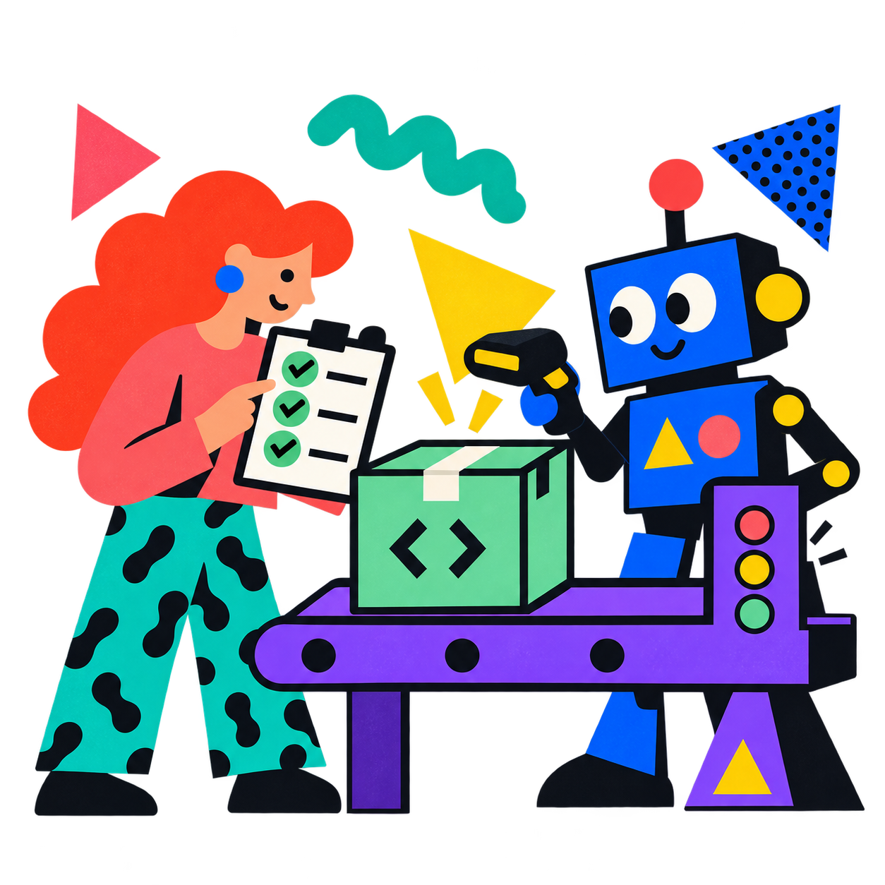 A robot scans a green project box while a collaborator verifies the checks at their testing station.