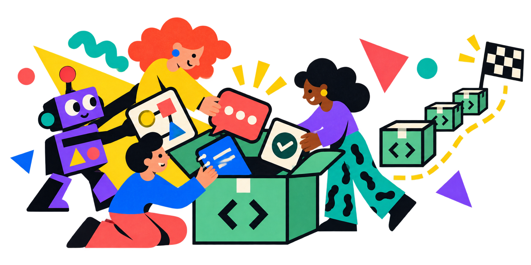 People and a friendly robot add plans, discussion, notes, and checks to one project box on its way to delivery.