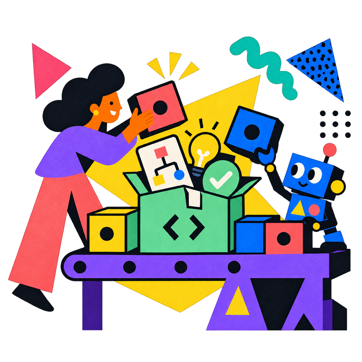 A builder and a friendly robot assemble colorful tools around an open green project box, with a planning diagram, lightbulb, and check mark.