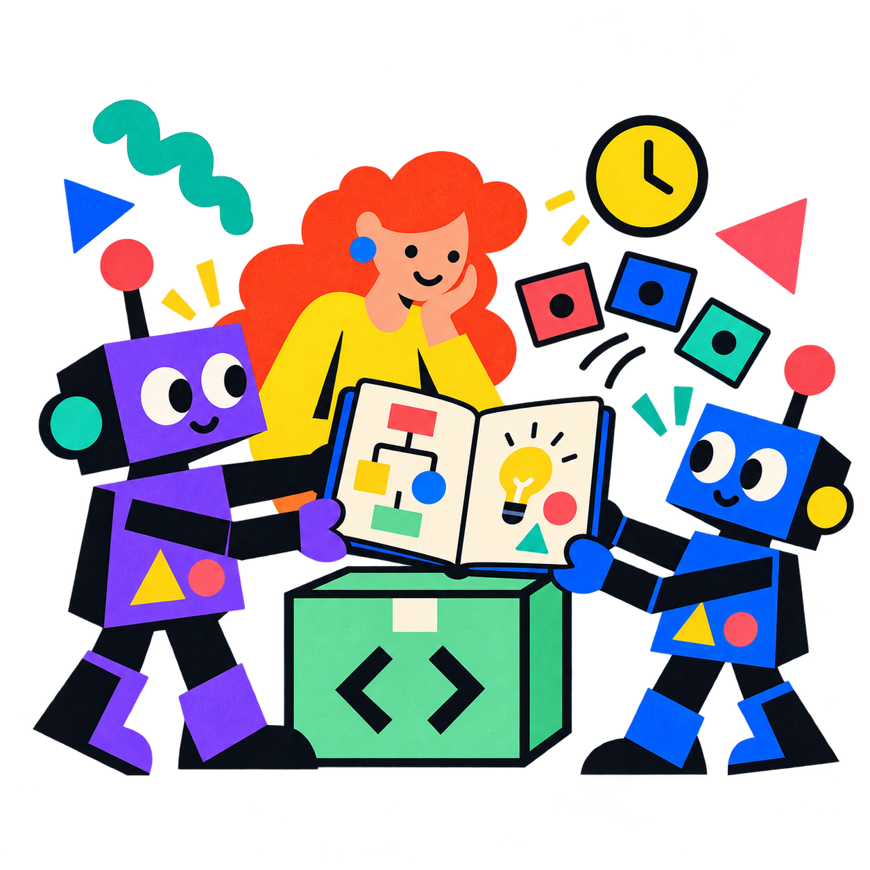 Two boxy robots share a notebook of project context while a red-haired collaborator looks on.