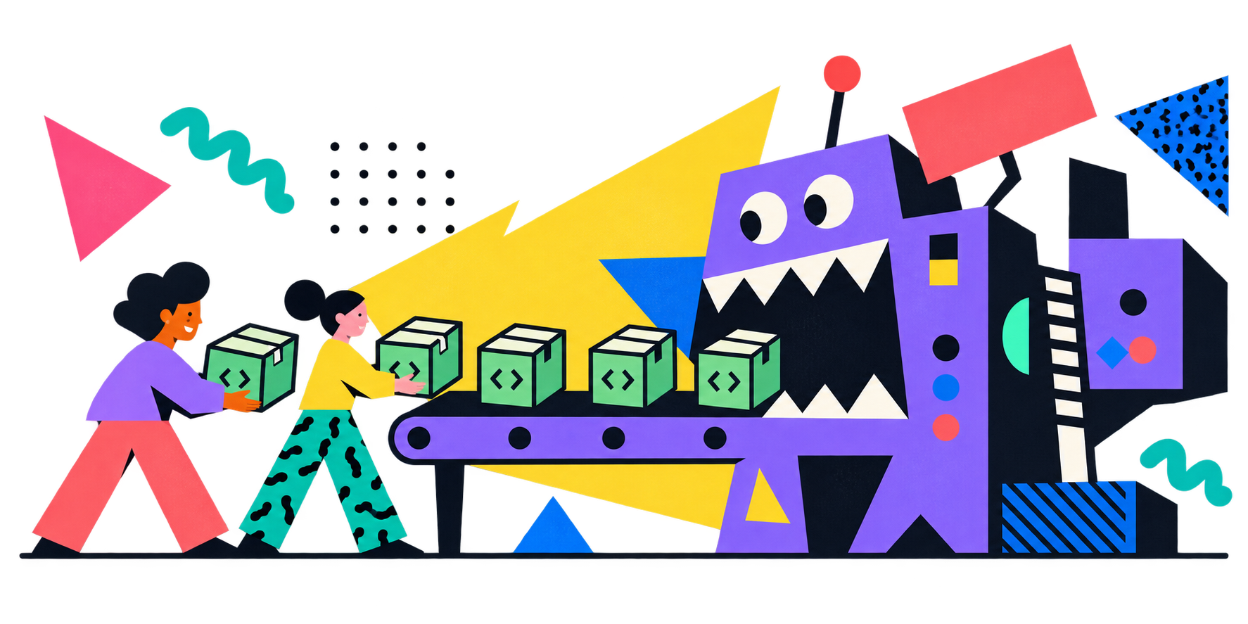 Two people rescue their green project boxes from a conveyor leading into a giant purple platform monster.