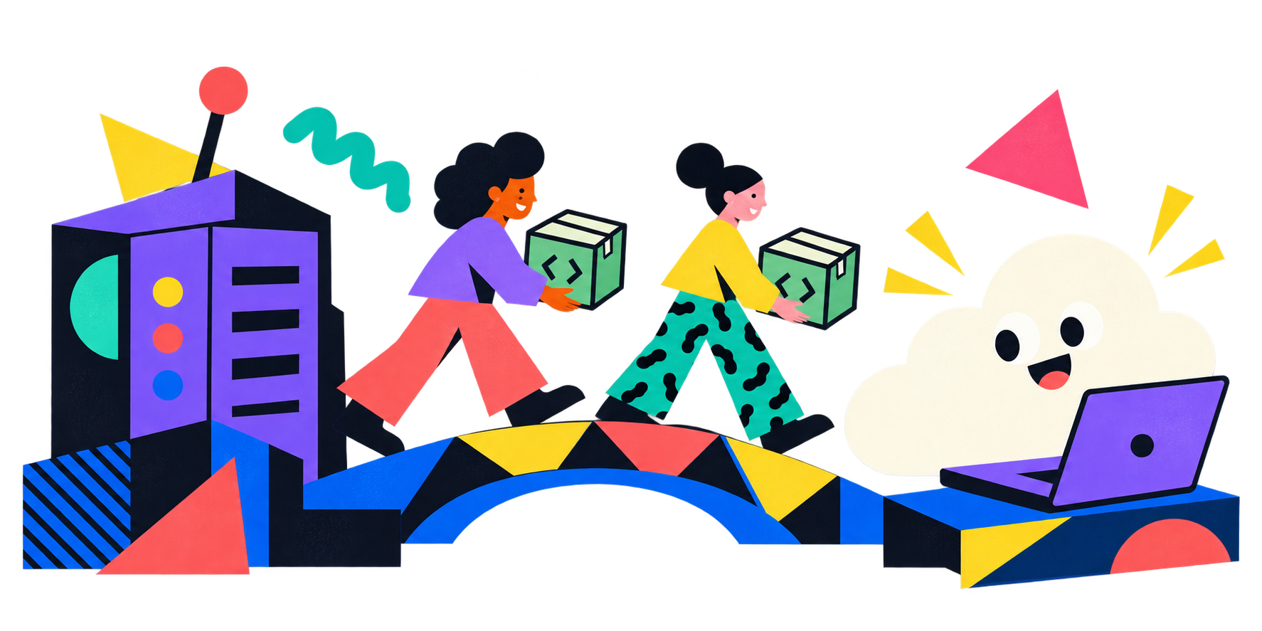 People carry their green project boxes between a server, a friendly cloud, and a laptop.