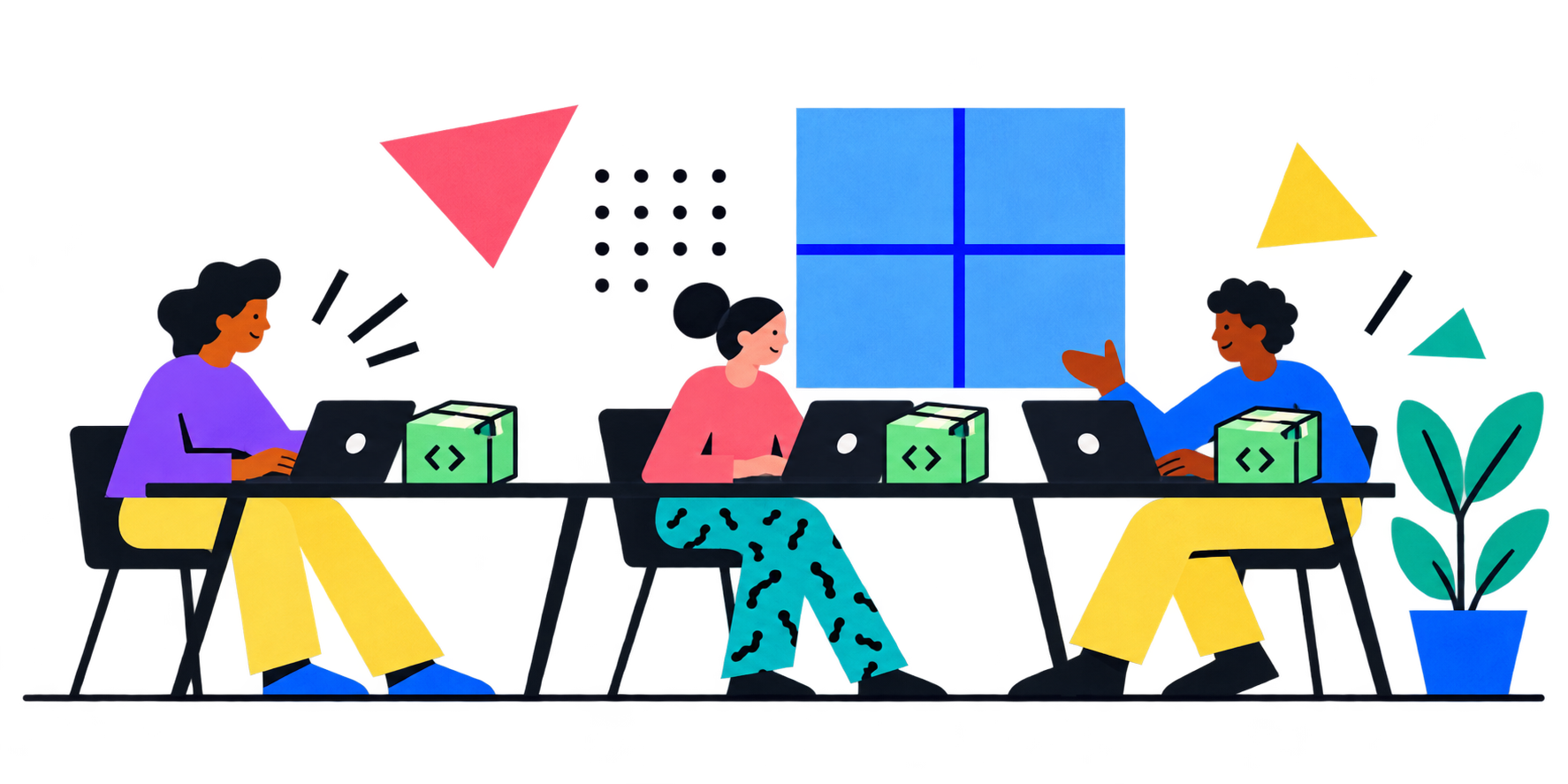 Three people work together at a desk with their own green project boxes.