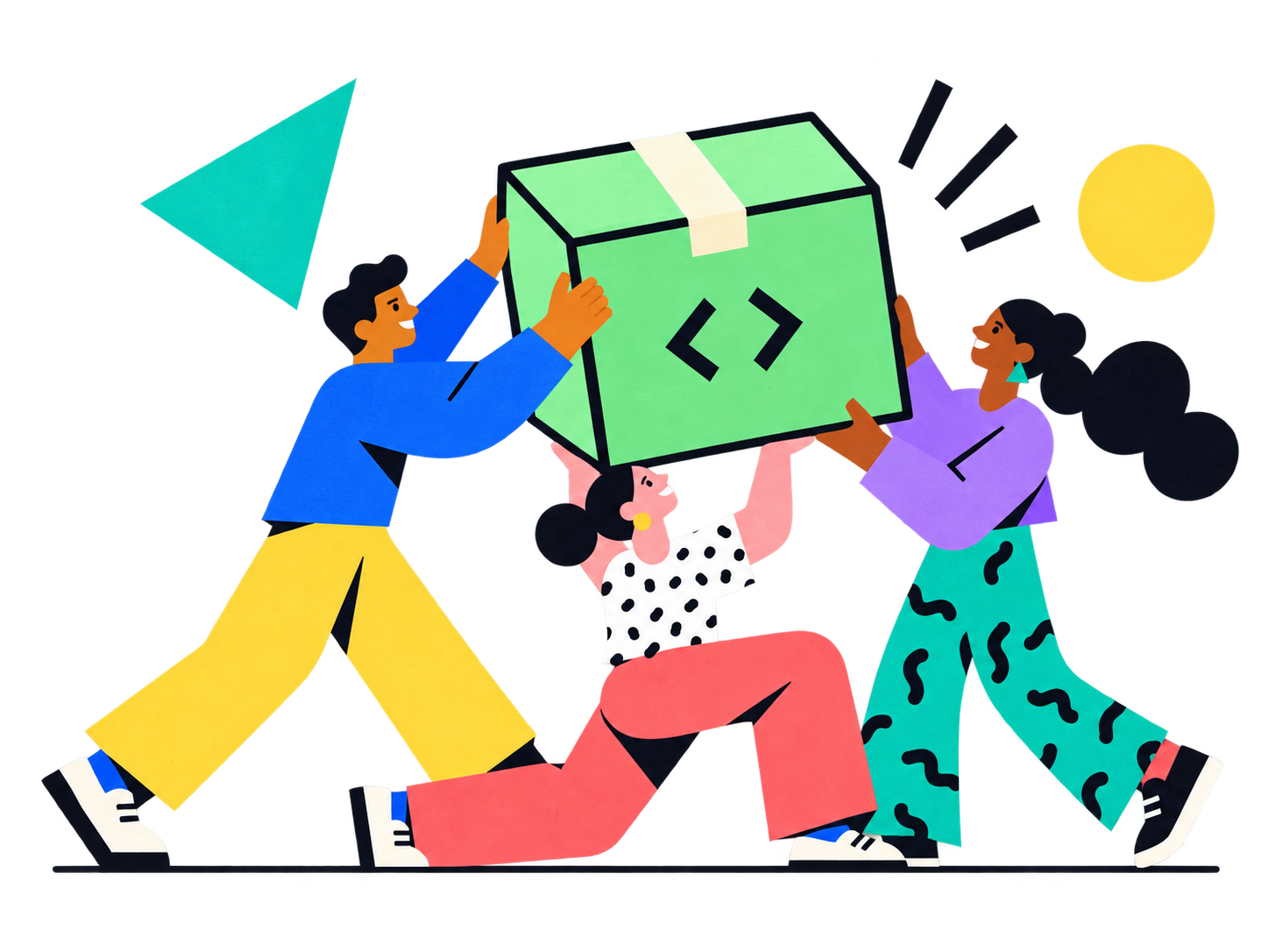Three people work together to carry their green project box.
