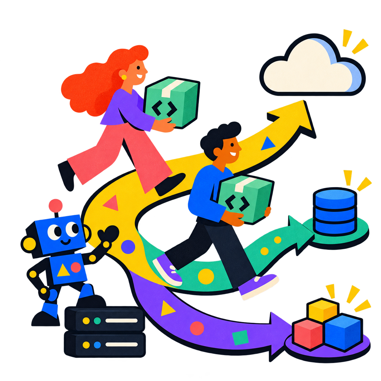 Two developers carry green project boxes along branching paths beside a friendly robot, a server, and a cloud.